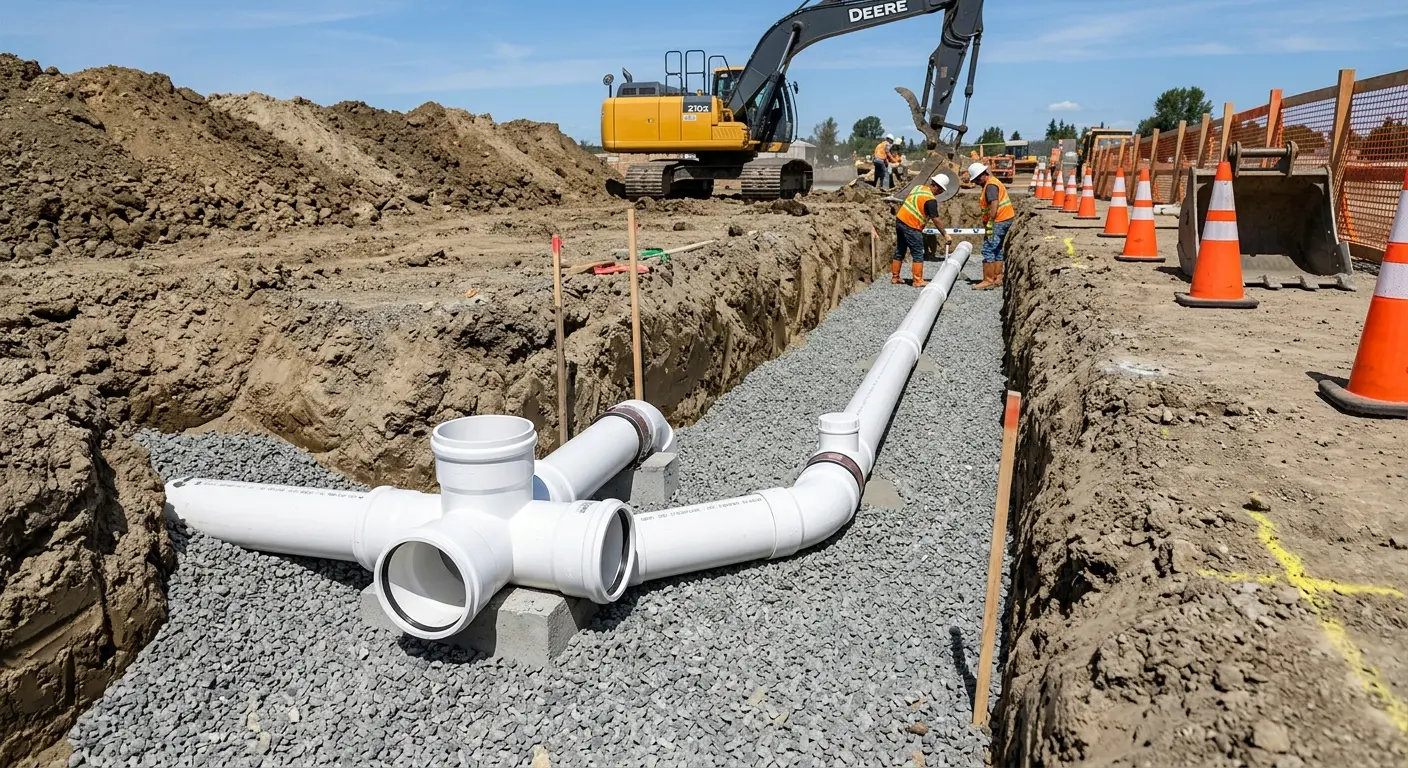 New PVC sewer pipe installation in open trench for Grease Trap Cleaning in Gretna